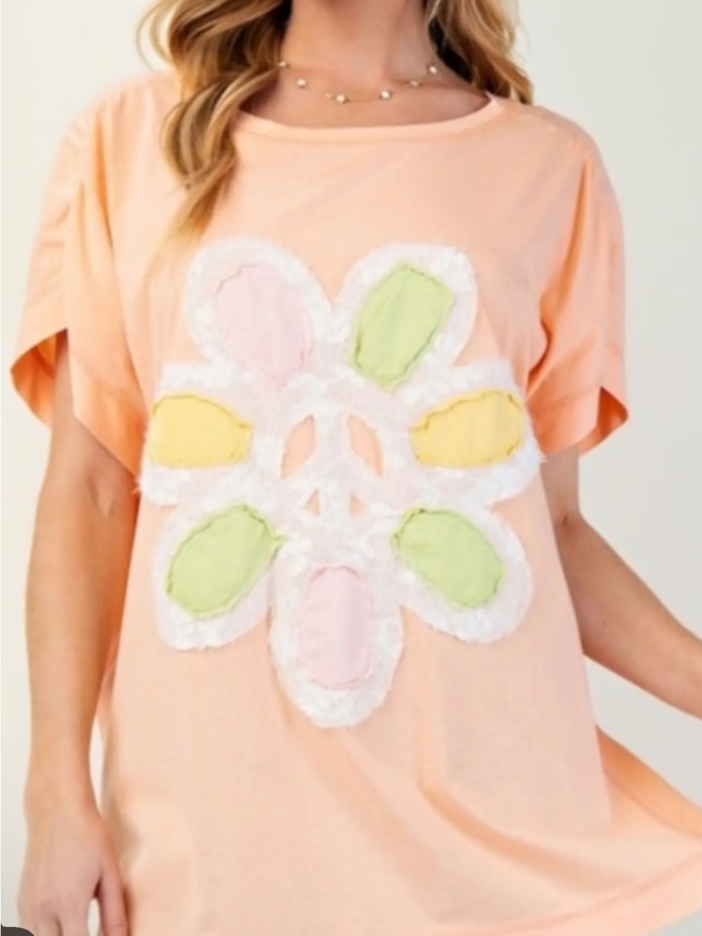 Peach Floral Applique Cotton-Blend Women's Top